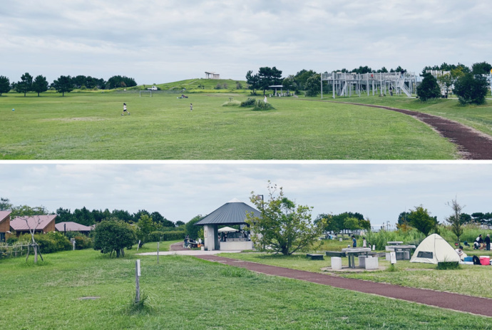 月見ヶ丘海浜公園 芝生広場(上)、キャンプ(下)