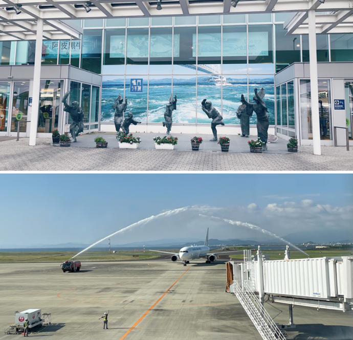 徳島阿波おどり空港の入口付近(上)、飛行機(下)