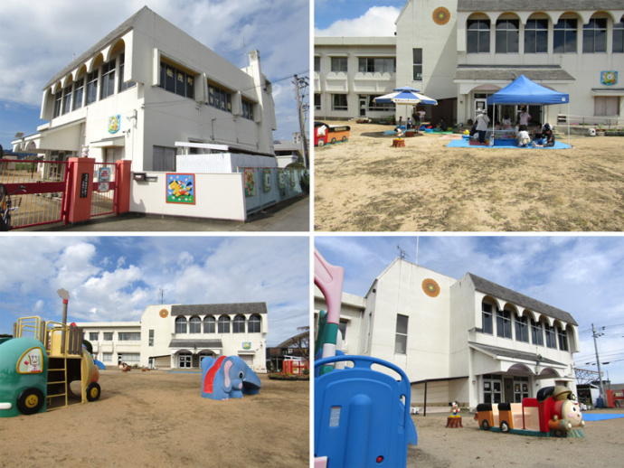 松茂町地域子育て支援センターの入口付近の風景(左上)、外遊び風景(右上)、遊具(ぞうと車)(左下)、遊具(汽車)(右下)