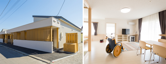 乙部町の移住体験住宅A棟の外観(左)、B棟の内観(右)